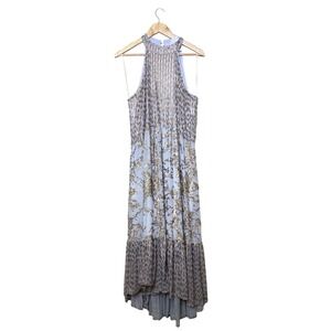 Cupio Women Gold Sequin Floral Halter Maxi Dress Light Blue Size XL Sleeveless